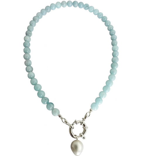 Kette Marie - 925er Silber|Aquamarin|Süßwassserzuchtperle