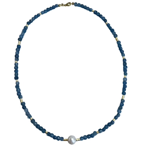 Kette Leonie - 925er silber|24 Karat vergoldet|Süßwasserzuchtperle|Aquamarin