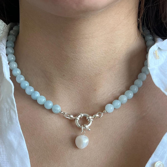 Kette Marie - 925er Silber|Aquamarin|Süßwassserzuchtperle