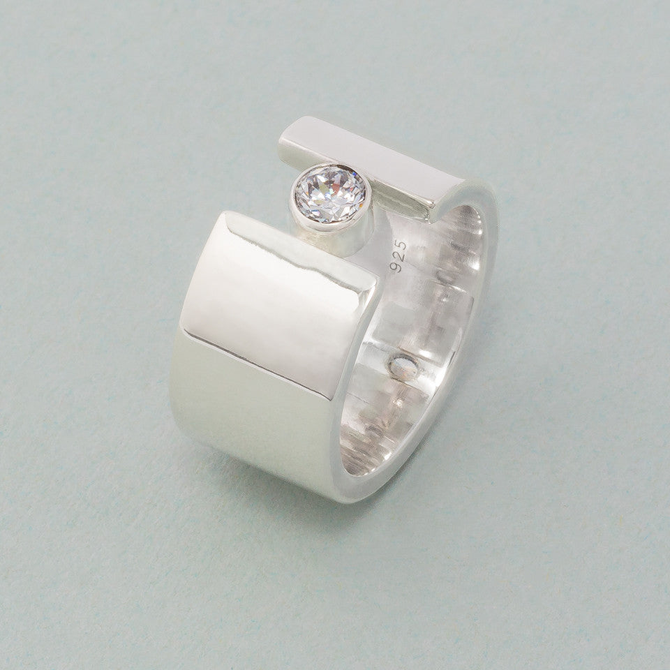 Silberring Hochglanz mit Zirkon 13mm breit gerade Form